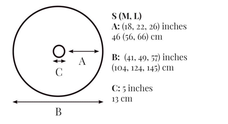 Diagram showing three measurements for sizes S, M, and L: A (18, 22, 26 inches or 46, 56, 66 cm), B (41, 49, 57 inches or 104, 124, and C (5 inches or 13 cm). Perfect for crafting your own Crochet Christmas Tree Skirt!