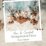 Four amigurumi crochet deer are displayed on a wooden tray with faux snowy greenery, promoting a free crochet pattern from Brianakdesigns.com.