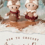 Two crocheted amigurumi crochet deer figures, one with a red scarf, displayed on a wooden surface with decorative faux fur and foliage. Text reads: "How to Crochet Amigurumi Deer Free Pattern.