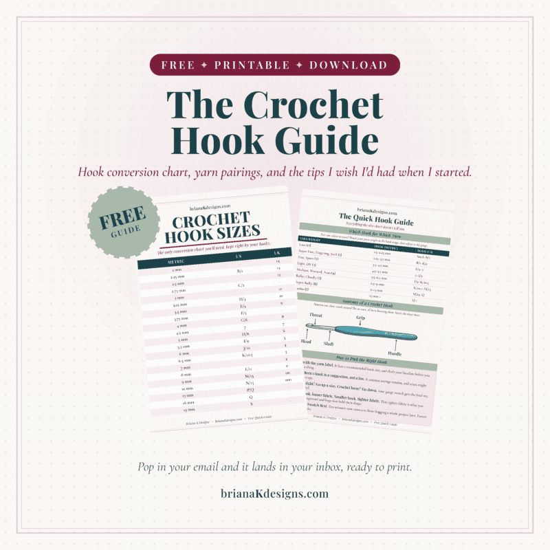 Image displaying "The Crochet Hook Guide" with a hook conversion chart, best crochet hooks recommendations, yarn pairings, and tips. Includes free printable download information from brianakdesigns.com.