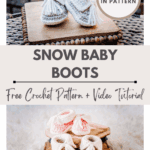 Two images of Crochet Baby Boots displayed on wooden trays, with text promoting a free crochet pattern, video tutorial, and four included sizes from Briana K Designs.