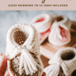 Hand holding a crocheted baby bootie with fur detail; other Crochet Baby Boots are displayed in the blurred background. Text describes a free crochet pattern and tutorial for various baby sizes.