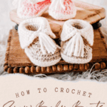 Three pairs of Crochet Baby Boots in pink and beige are displayed on a wooden tray, with text highlighting a free crochet pattern and video tutorial for adorable snow baby boots.