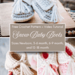Collage of Crochet Baby Boots in neutral and pink, with text offering a free pattern and video tutorial for sizes newborn to 18 months.