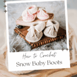 A display of Crochet Baby Boots in pastel colors on a wooden tray, with text promoting a free pattern, video tutorial, and multiple sizes by Briana K Designs.