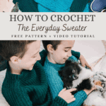 Two children wearing crochet sweaters sit on a bed with a black and white dog. Discover the free Crochet Sweater pattern and video tutorial to make "The Everyday Sweater" for your little ones!.