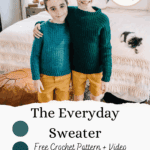 Two children in teal knit sweaters and yellow shorts stand in a bedroom, with a dog on the bed behind them. Discover the free crochet sweater pattern and video tutorial to craft your own cozy crochet sweater for kids.