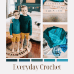 A crochet pattern advertisement featuring two children in teal Crochet Sweater designs, flat lays of cozy sweaters, yarn, and scrabble tiles that spell "Everyday Crochet Sweater.