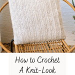A beige knit-look crochet pillow on a wicker chair, with text below reading "How to Crochet Nutmeg Free Pillow Pattern, Free Pattern + Video Tutorial.
