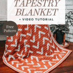 A rust-colored Arrow Crochet Blanket with a white geometric pattern is draped over a wooden chair. Text overlay promotes a free pattern and video tutorial from Brianakdesigns.com.