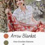 A smiling woman holds up a red and white Arrow Crochet Blanket with an arrow pattern. Text reads: "Arrow Blanket. Free Crochet Pattern & Video Tutorial. Easily Sized.