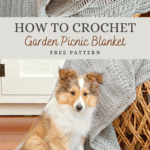 A crocheted blanket draped over a basket, with a small dog sitting on the blanket in front of a cabinet. Text reads: “How to Crochet Garden Blanket Free Pattern.”.