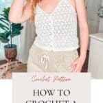 Woman showcasing a handmade Diamond Crochet Tank Top with a tutorial for the pattern.