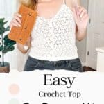 Woman showcasing a handmade Diamond Crochet Tank Top with a free pattern and tutorial video available.