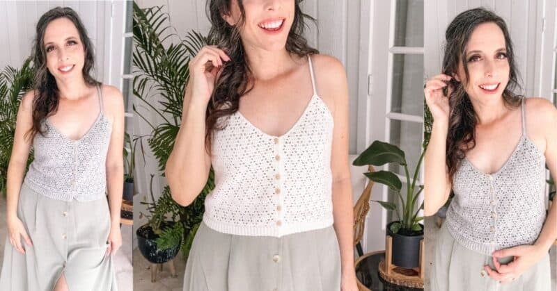 A person wearing a white diamond crochet tank top and light green pants poses in front of indoor plants. The person is smiling and shown in three different angles side by side.