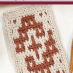 A rectangular piece of Mosaic Crochet with a brown and cream pattern is displayed on a white surface. Text above describes it as beginner-friendly, offering tips and a free pattern.