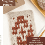 A rectangular crocheted mug rug in white and brown features a striking mosaic crochet pattern, displayed beside a hook, yarn, and wooden tray. Text highlights a free pattern with detailed instructions.