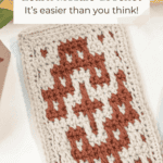 A rectangular swatch of mosaic crochet in white and rust yarn with a geometric pattern, placed on a table with yarn and a wooden box nearby. Text reads: "Learn Mosaic Crochet—it’s easier than you think!.