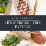 Mosaic Crochet pattern swatch, yarn skeins, crochet hook, and succulents arranged on a white surface, promoting helpful mosaic crochet tips, tricks, and a free pattern.