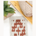 A rectangular swatch of Mosaic Crochet in beige and brown yarn sits on a table next to a plant and a ball of yarn, with text offering tips, tricks, and a free pattern.