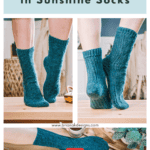 A collage featuring teal mock cabled crochet socks. Top: standing pair. Bottom left: one sock. Bottom right: lying down pair with a video icon. Text reads "All Cabled Up in Sunshine Socks" with free pattern info.