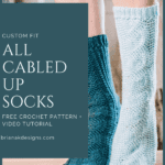 Two legs wearing crocheted socks, one in teal and the other in light blue, showcase a mock cabled crochet socks pattern. Discover the perfect custom fit with our sock crochet pattern and video tutorial.