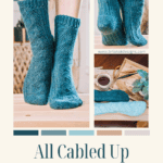 A collage of blue mock cabled crochet socks showcases different angles and fits. Text overlay reads "Free Pattern + Video Tutorial" and "All Cabled Up Crochet Socks Custom Fit.
