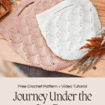 Two crochet bags, one brown and one white, elegantly displayed on a wooden surface with decorative plants. Text: "Journey Under the Sea Crochet Bag - Two Sizes: Small + Large." Free pattern and video tutorial available.