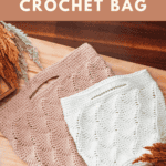 Two crocheted bags, one brown and one off-white, sit gracefully on a wooden surface adorned with decorative dried plants. Text above reads: "Journey Under The Sea Crochet Bag.