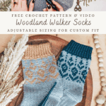 Top image shows hands crocheting Woodland Walker Crochet Socks; bottom image displays two pairs of crocheted socks with different colored cuffs and patterns, beautifully arranged on a wooden tray.