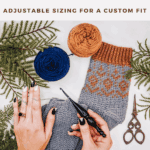 Hands holding crocheted socks with a crochet hook, surrounded by yarn, ferns, and scissors. Text advertises a free Woodland Walker Crochet Socks pattern and video tutorial with adjustable sizing.