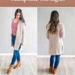 Woman modeling a Campside Cardi, with text overlay promoting a free Easy Crochet Pattern and video tutorial.
