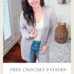 A smiling woman showcasing a crocheted Campside Cardi with text advertising a free pattern and video tutorial for making the garment.