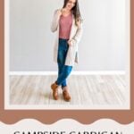Woman showcasing a Campside Cardi with a free crochet pattern and video tutorial available.