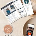 Flat lay of crochet pattern pages, smartphone showing a tutorial for the Fawning Over You Crochet Sweater, PDF button, and text promoting ad-free download on a beige fabric background with dried wheat accents.