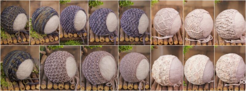 a collage of knit bonnets in different yarn colors