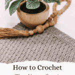 A plant in a wooden pot and wooden beads rest on a crocheted mat made using the Alpine Stitch. Text reads: "How to Crochet The Alpine Stitch. Stitch Tutorial with Video + Free Crochet Pattern.
