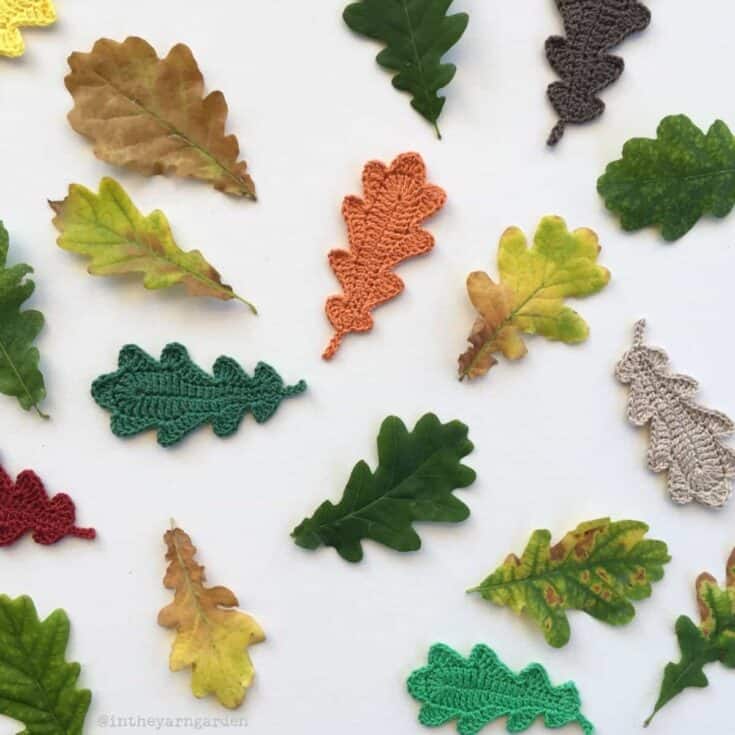 crochet leaf patterns of different colors displayed