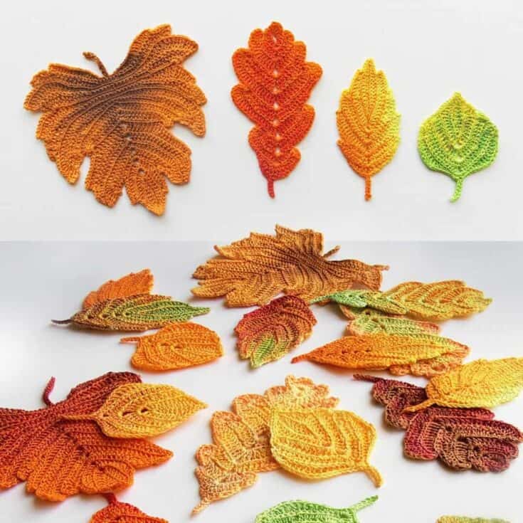 crochet leaf patterns of different colors displayed