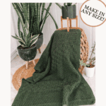 A green textured crochet blanket draped over a chair, surrounded by potted plants. Text overlay promotes an easy textured blanket pattern with a free pattern and video tutorial.