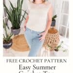 A woman showcasing a handmade summer crochet top with a promotional tag for a free pattern and an instructional video.
