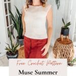 A woman showcasing a handmade Summer Crochet Top with a promotional offer for a free pattern and video tutorial.