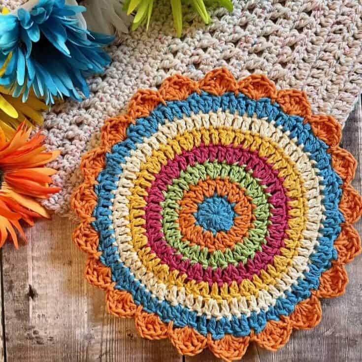 A colorful crocheted dishcloth.