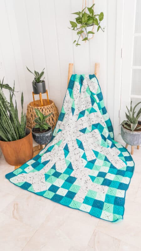 A granny square blanket, featuring shades of blue and white, is elegantly placed on the floor alongside a charming potted plant.