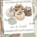 Several crocheted pumpkin and leaf coasters in various autumn colors are arranged with a sign promoting a free pattern and video tutorial for creating your own Crochet Pumpkin with Coaster.