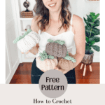 Woman holding crocheted pumpkin-shaped coasters with leaf tops. Text below advertises a free Crochet Pumpkin with Coaster pattern and video tutorial for making charming pumpkin leaf coasters.