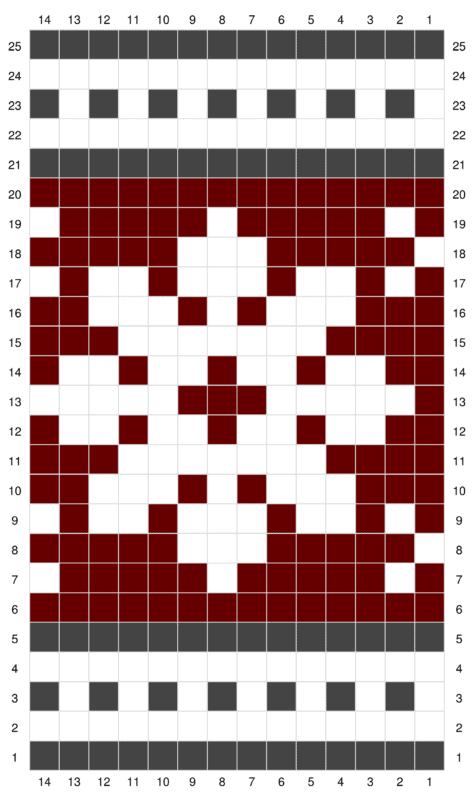 A cross stitch pattern featuring red and white squares in the design of a prancing deer.