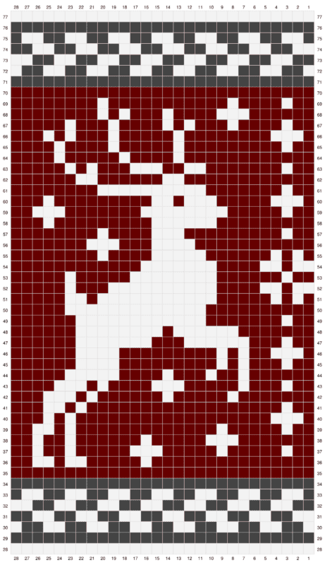 A crochet stocking featuring a prancing deer on a red and white pattern.