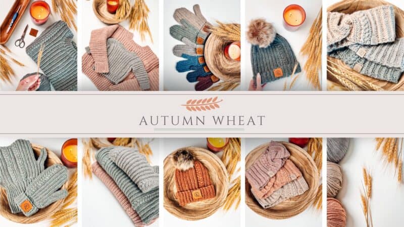 Autumn wheat - a collection of knitted hats, scarves and mittens featuring crochet and granny square patterns.