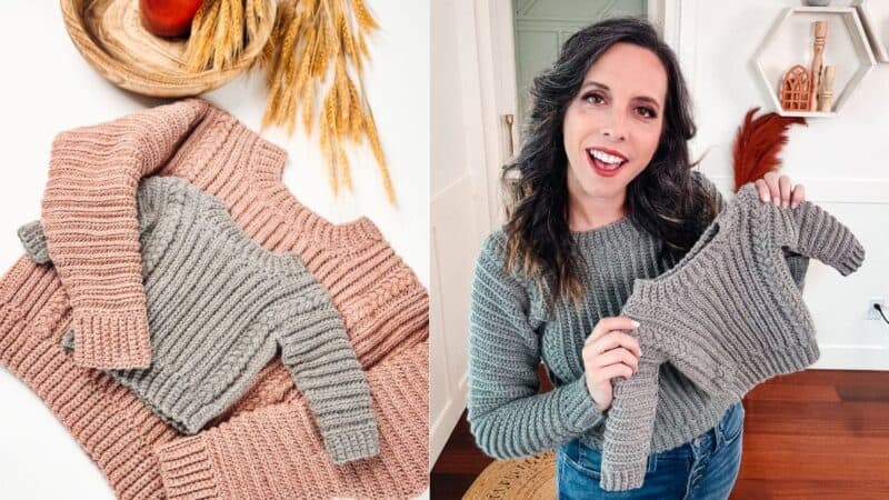 Two pictures of a woman holding a crochet granny square cardigan and a baby.
